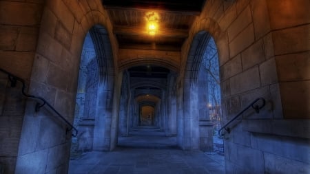 beautiful grand hallway leading outdoors hdr - stone, hallway, city, arches, hdr, lights