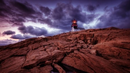 fantastic lighthouse on a rocky cliff hdr - lighthouse, clouds, cliff, rock, hdr