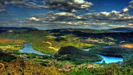 marvelous panorama of towns along a river hdr - hills, towns, forest, panorama, clouds, river, hdr