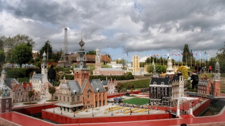 model of mini europe in brussels belgium - architecture, people, model, clouds