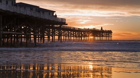 wonderful san diego beach pier at sunset - beach, pier, sunset, sea, waves