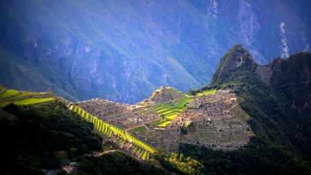 awesome machu picchu in peru - ancient, ruins, mountains, grass, cliffs