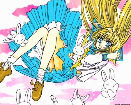 Miyuki-chan In Wonderland - falling, bunnies, cute, wonderland, blonde, anime, miyuki-chan