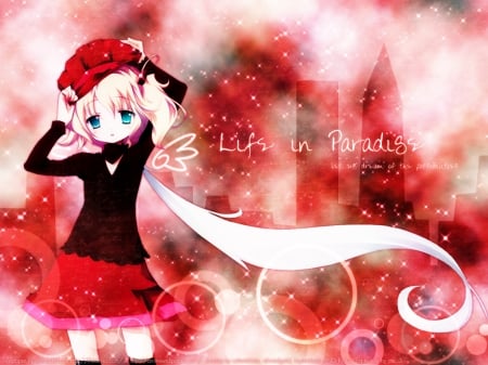 ~Life In Paradise~ - red skirt, pretty, red hat, blue eyes, anime, colorful, long hair, blonde