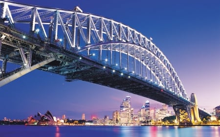 Sydney Bridge and Skylines, Australia - bridges, water, blue, buildings, architecture, australia, metal, nature, silver, sky