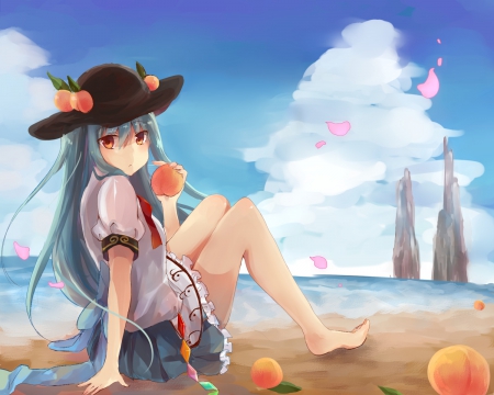 ~Hinanawi Tenshi~ - hat, clouds, anime, beach, dress, Hinanawi Tenshi, touhou, fruit, barefoot, sky