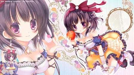 ~Yuziki Hina~ - apple, pretty, short hair, yuziki hina, flowers, anime, dress, black hair, colorful