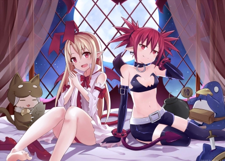 Etna and Flonne - Prinny, Succubus, Moon, Demons, Fang, Etna, Disgaea, Cat Monster, Flonne