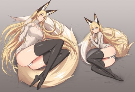 2 Fox girls - Ears, Stockings, Sweater, Tails, Fox Girls, Blue Eyes