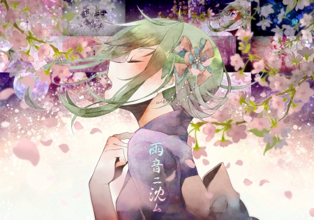 Vocaloid - anime, pink, flowers, aqua, purple, cherry blossom, beautiful, girl, beauty, kimono, lovely, sweet, tree, fall, white, green, soft, cute