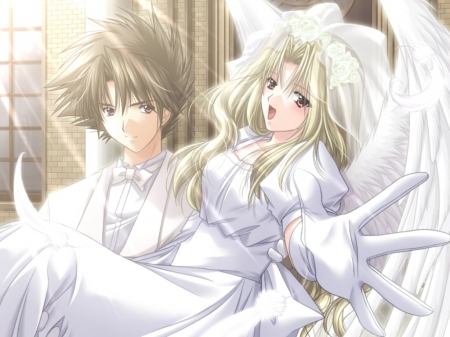 ♡ Angel of Mine ♡ - female, wing, angel, blond, nice, gown, bride, groom, wedding, beauty, feather, love, wings, anime, elegant, dress, blonde, bride and groom, guy, wed, blond hair, long hair, boy, male, short hair, gorgeous, anime girl, beautiful, girl, blonde hair, lovely, sweet, lover, couple