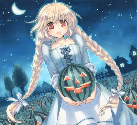 PumpkinMelon - gown, watermelon, cute, braids, hot, anime girl, girl, ribbon, fruit, twin tails, anime, twintail, night, twintails, dress, twin tail, sky, garden, long hair, sexy, star, female