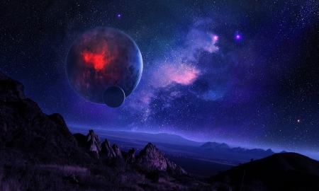 Stars and Planets - moon, sky, burning, landscape, mountains