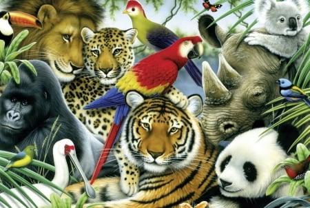 Animal Conference - leopard, lion, artwork, parrot, rhino, panda, tiger