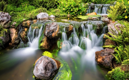 Forest waterfall - nice, trees, water, greenery, stream, waterfall, rocks, creek, fall, falling, cascades, summer, lovely, bushes, nature, forest, beautiful, leaves