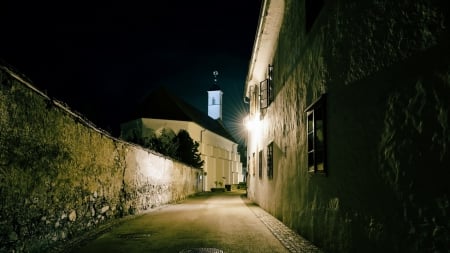 alley in the middle of the night - lights, alley, wall, church, night