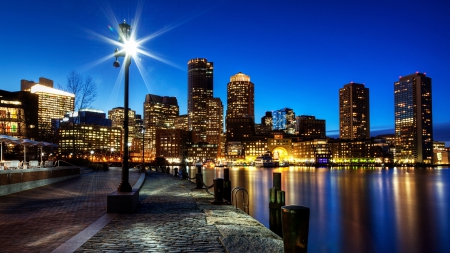 beautiful boston harbor in the evening - boats, wharf, lights, evening, harbor, city