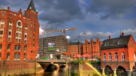 old bridge in the new hamburg germany - clouds, river, construction, city, steps, bridge