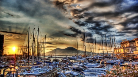 fantastic boat marina in naples italy hdr - restaurant, boats, mountain, clouds, marina, hdr, sunset