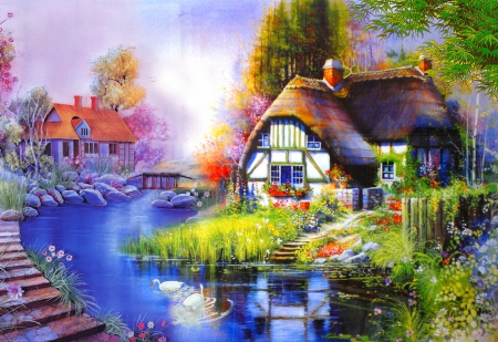 Countryside cottage - fairytale, cottage, bridge, grass, villa, river, mirrored, flowers, serenity, peaceful, blue, shore, calmness, pond, reflection, lovely, painting, creek, beautiful, quiet, dreams, village, countryside, light, swans, nature, colorful, dreamy, pretty, art, sky, lake, nice, house, trees