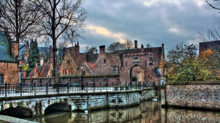 wonderful river scene in the city of brugge belgium hdr - swan, river, city, tree, hdr, bridge