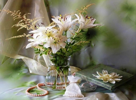 White beauty - lilies, book, flowers, art, artist, vase, delicate, pearls, beautiful, photography, beauty, colors, still life, petals, white, necklace, nature, photographer, arrangement, soft, delicate necklace, jewelry