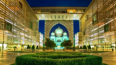 modern building with old temple in the background - building, modern, temple, courtyard, lights