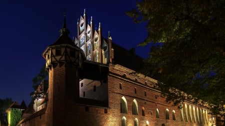 malbrok castle fortress in poland - fortress, night, lights, castle