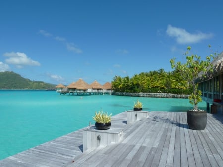 St Regis Resort Bora Bora - blue lagoon and water villas - villas, lagoon, blue, pacific, society, beach, island, french, polynesia, sand, mountain, holiday, atoll, exotic, couples, paradise, hotel, south, luxury, bungalows, water, sea, resort, ocean, islands, tropical, bora bora, st regis, retreat