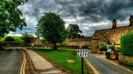 lovely row house in bolton abbey in yorkshire hdr - street, houses, clouds, trees, hdr, grass