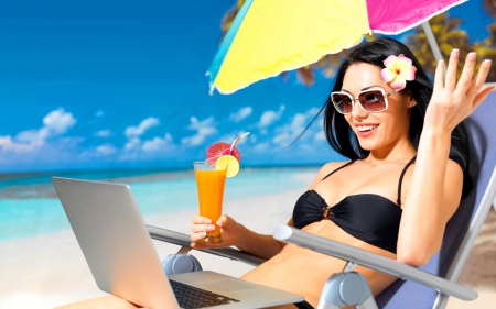 beach girl - woman, summer beach, sky, beach, paradise, summer girl, sunglasses, beachside, notebook, vacation, laptob, umbrella, clouds, summer at the beach, skyphoenixx1, ocean, drink, beach girl, girl, wallpaper, summer, picture, sea