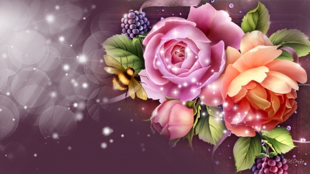 Roses and Blackberries - roses, bee, summer, harvest, stars, flowers, shiny, berries, glow, bright, fruit, shine