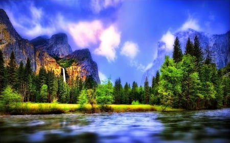 Lake under Waterfall - water, hdr, landscape, trees