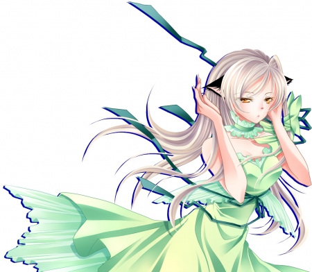 Green Neko - neko, pretty, girl, animal ears, long hair, orginal