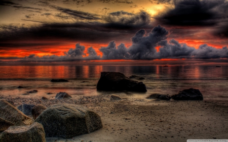 Fire In The Sky - lake, clouds, red, sun