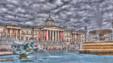 beautiful fountain in trafalgar square in london hdr - clouds, fountain, hdr, city, statues, building