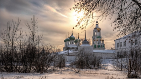 vvedensky tolga convent russia in winter - domes, wall, winter, convent, sunset, bushes