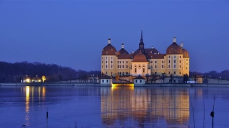 moritzburg castle in germany by a river - lights, castle, evening, river