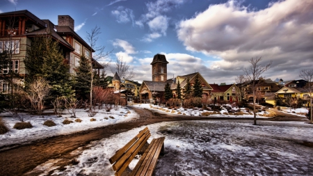 town entrance in winter - clouds, town, bench, entrance, paths