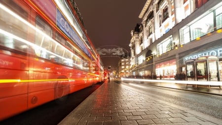 double decker buses in long exposure on london street - long exposure, street, lights, city, night, buses