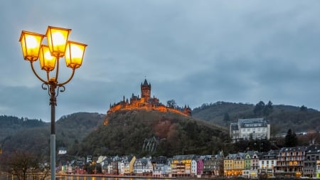 marvelous castle above cochemburg germany - hill, river, town, lamp post, castl, dusk