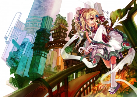 Welcome!! - anime, dress, girl, ryuuri susuki, blonde, wink, city, buildings