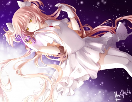 Ultimate Madoka - yellow eyes, pretty, ultimate madoka, anime, long hair, pink hair, white dress, gloves