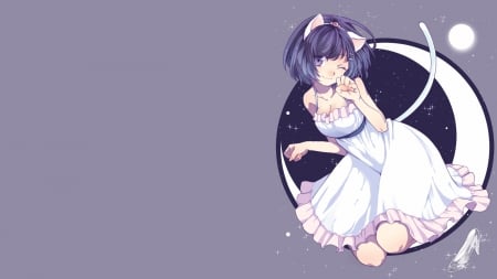 ~Hanekawa Tsubasa~ - moon, anime, dress, wink, tail, cat ears, short hair, Hanekawa Tsubasa, glass slipper