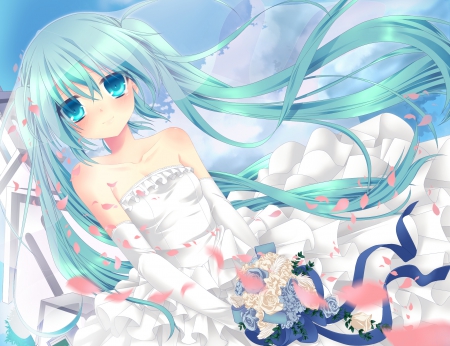 Hatsune Miku - blush, wedding dress, flowers, vocaloid, anime girl, dress, long hair, nice, lovely, blue eyes, hatsune miku, blue hair