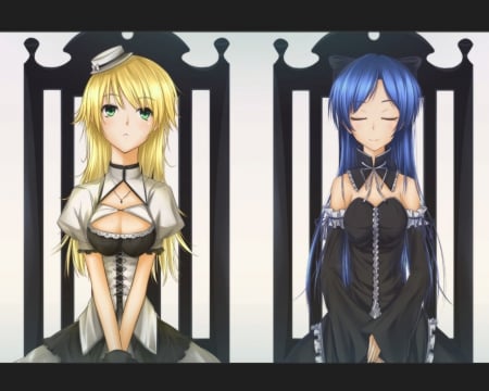 Idolmaster - dresses, girls, black, cute, beautiful, sit, sleep, white, chairs, blonde hair, blue hair, beauty, sweet, anime, blue, lovely, hair