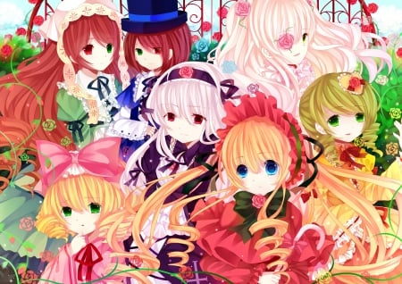 Rozen Maiden - women, girls, beauty, roses, purple, yellow, dresses, multicolor, anime, orange, cute, lovely, pink, red, blue, flowers, maidens, sweet