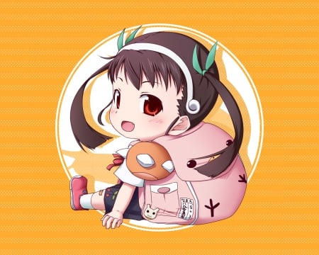 Chibi - pretty, anime, twin tail, kawaii, female, mayoi, twintail, bakemonogatari, bag, long hair, plain, chibi, nice, twin tails, hachikuji, anime girl, twintails, girl, simple, lovely, brown hair, orange, sweet, Bakemonogatari, cute, adorable