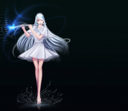 Magic Flute - pretty, female, maiden, sublime, light, white hair, nice, silver hair, gown, beauty, darkness, musician, lady, anime, elegant, divine, dress, long hair, dark, gorgeous, flute, plain, hd, splash, sparks, anime girl, water, beautiful, girl, lovely, sweet, black, glow, fantasy girl