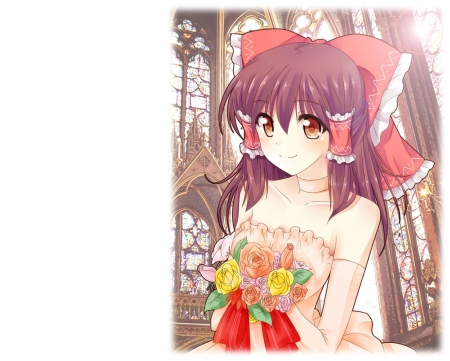 Hakurei Reimu - gown, flower, cute, bouquet, hakurei reimu, hot, anime girl, girl, ribbon, elegant, gorgeous, floral, hakurei, touhou, pretty, kawaii, sweet, brown hair, anime, bride, dress, long hair, reimu, nice, brown eyes, lovely, sexy, female